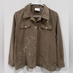 Alfred Dunner Corduroy Floral‎ Beaded Embroidered Button Down Shacket Large Y2K